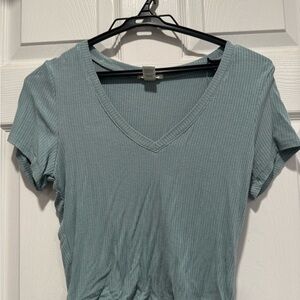 Women's V-Neck Ribbed Top - Light Blue